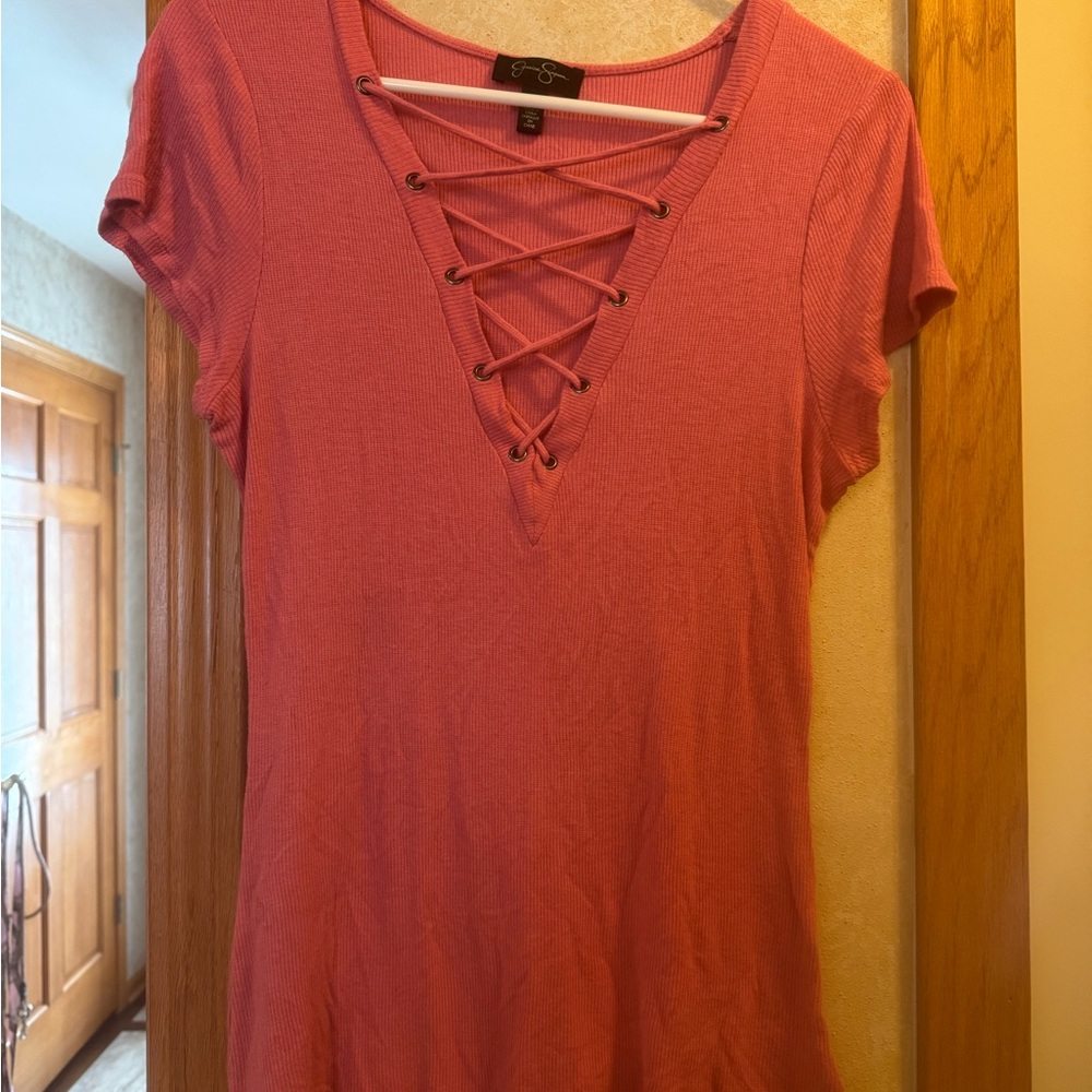 Jessica Simpson Coral Lace-Up Short Sleeve Top